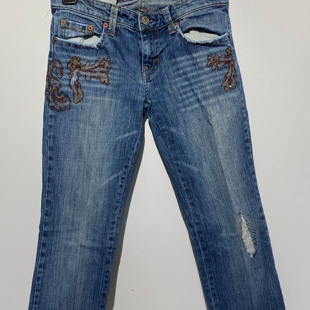 American Eagle Women's Blue Stretch Embroidered Distressed Bootcut Jeans Size 0